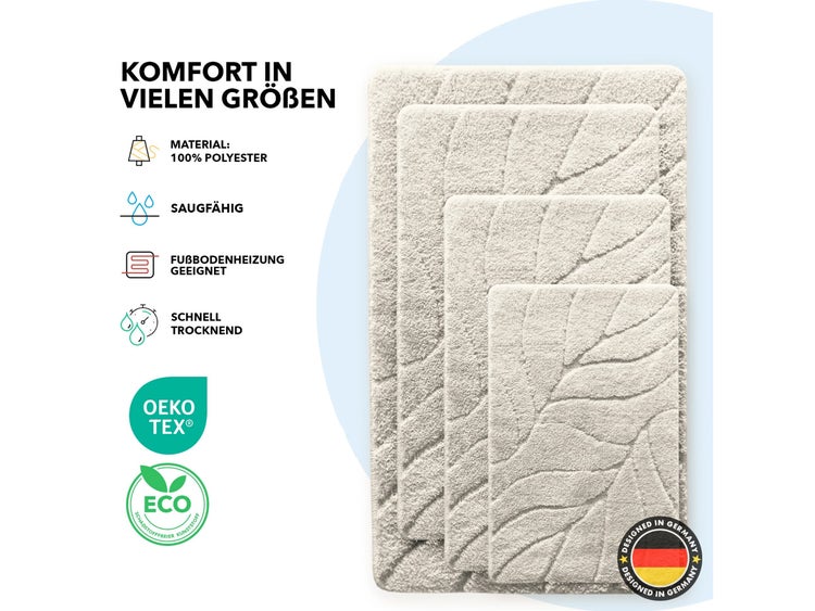 FLOORDIREKT Badematte Maris - Flauschiger Badvorleger mit Blattstruktur - Ivory - 80 x 150 cm
