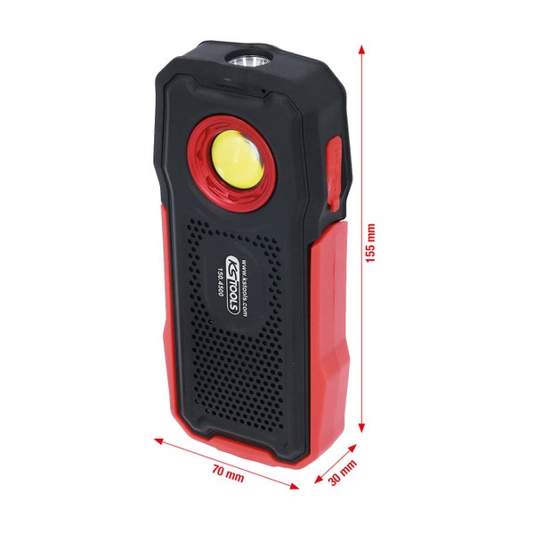 KS Tools Logo. Verpackung einer multifunktionalen Arbeitsleuchte mit Powerbank, Freisprechfunktion, Musikwiedergabe und 500 Lumen.