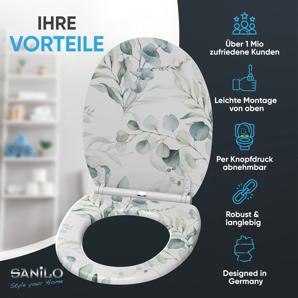 WC-Sitz mit Blattmuster, Sanilo Logo und Symbolen für Montage von oben, Abnehmbarkeit per Knopfdruck, Robustheit und Design in Deutschland.