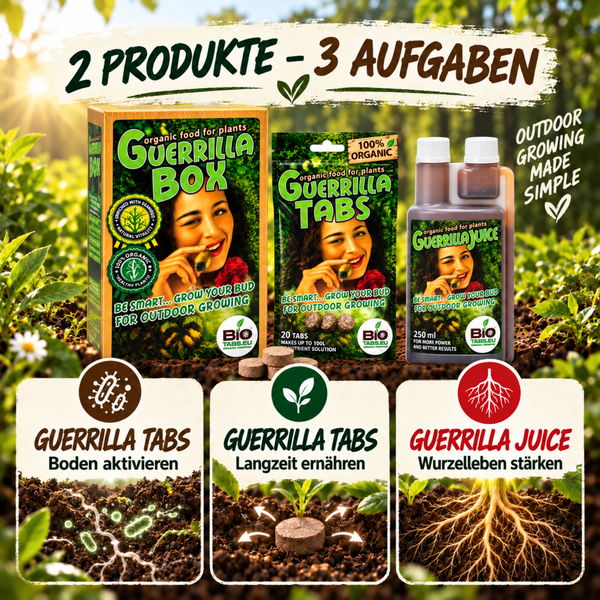 Guerrilla Box Set mit Guerrilla Tabs und Guerrilla Juice organischer Pflanzendünger für den Outdoor Anbau zur Bodenaktivierung und Wurzeldüngung.