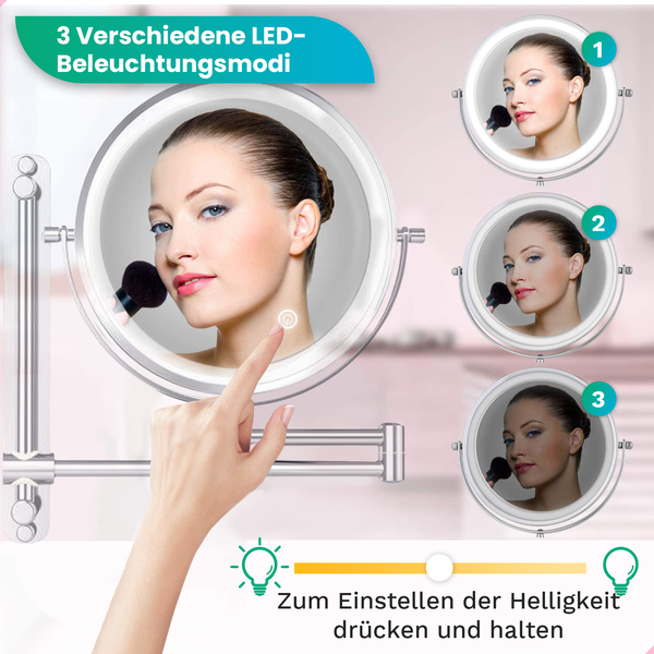 Mirlux Make Up Spiegel mit LED Beleuchtung, Kosmetikspiegel 7X Vergrößerung Rund Wandmodell Chrom
