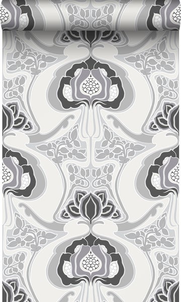 Origin Wallcoverings Tapete Jugendstil-Blumenmuster Schwarz und Grau - 53 cm x 10.05 m - 347209