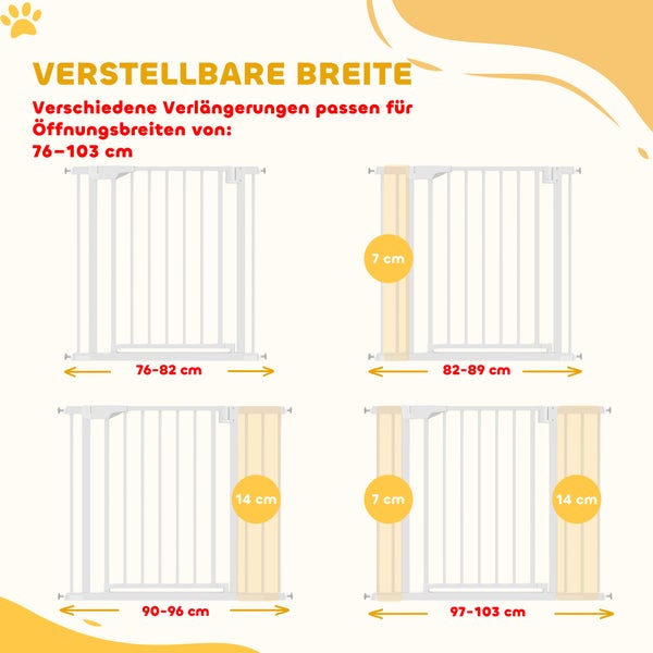 Schutzgitter mit verstellbarer Breite von 76 bis 103 Zentimeter durch verschiedene Verlängerungen von 7 und 14 Zentimeter.