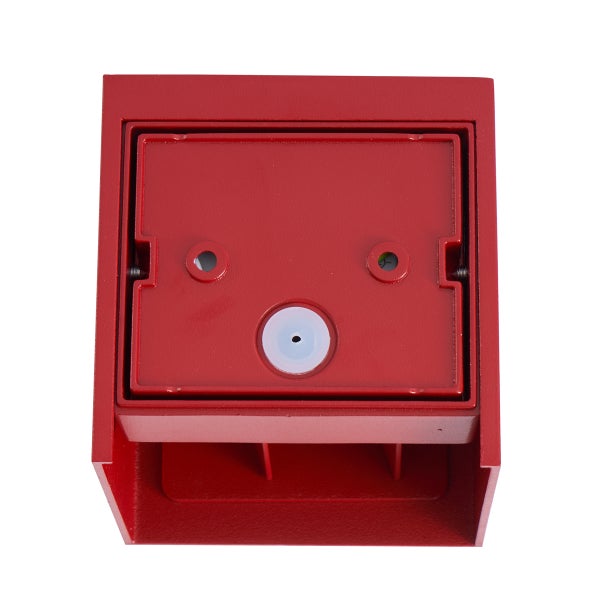 Quadratische Wandleuchte in Rot, Rückansicht der Montageplatte aus Metall.