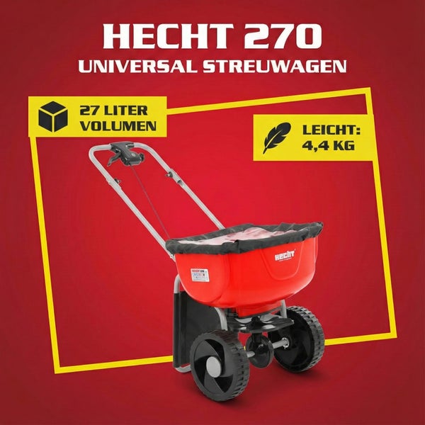 Hecht 270 Universal Streuwagen mit 27 Liter Volumen und einem Gewicht von 4,4 Kilogramm