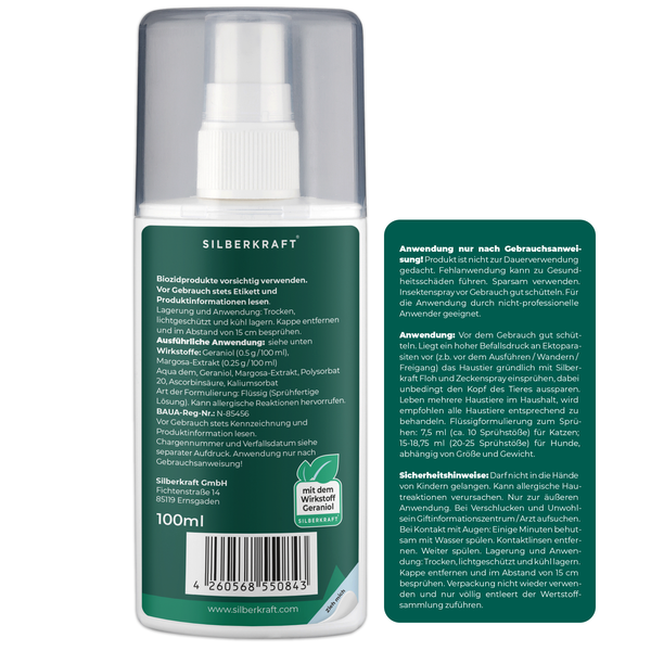 Silberkraft Floh- und Zeckenspray 100ml ml für Hund, Katze & andere Haustiere, ideales Anti-Zecken Mittel, hilft gegen Flöhe, Zecken, Parasiten & Ungeziefer, Made in Germany