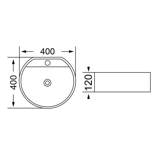 Maßzeichnung eines runden Waschbeckens mit den Maßen 400 Millimeter Durchmesser und 120 Millimeter Höhe.