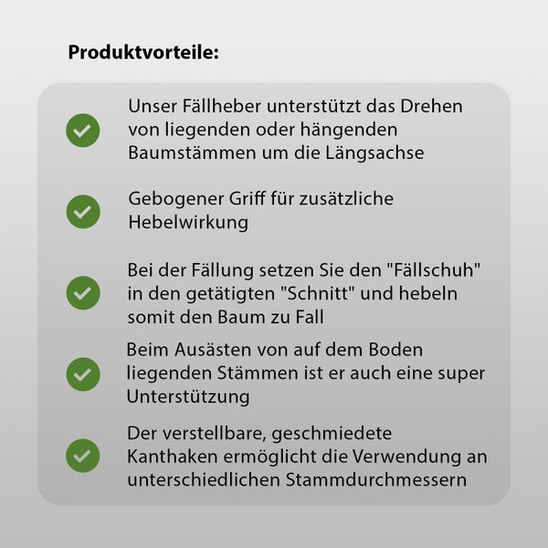 Infografik zeigt die Produktvorteile eines Fällhebers mit Erläuterungen zu Drehfunktion, Hebelwirkung, Fällschuh, Ausästhilfe und Kanthaken.