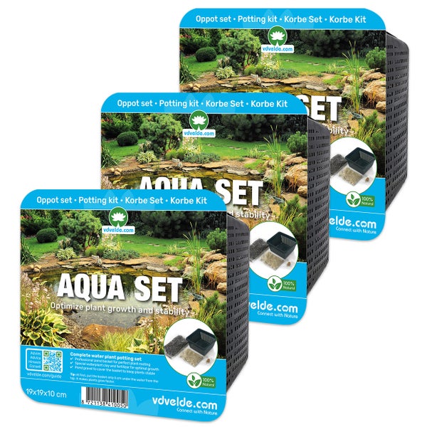 Drei vdvelde Aqua Set Wasserpflanzen-Pflanzsets mit Pflanzkorb, Teicherde und Kies zur Optimierung von Wachstum und Stabilität, 19 mal 19 mal 10 Zentimeter.