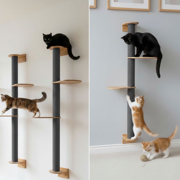 Wandmontierter Katzenkratzbaum mit mehreren Plattformen und Sisalstämmen für Katzen zum Klettern und Spielen in einem Wohnbereich.