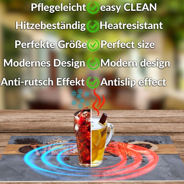 Tischset: pflegeleicht, hitzebeständig, perfekte Größe, modernes Design und Anti-Rutsch-Effekt. Zeigt Eignung für Kalt- und Heißgetränke.