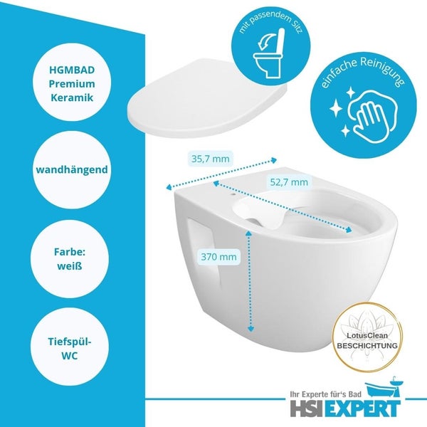 Weisses, wandhängendes Tiefspül-WC mit LotusClean Beschichtung und passendem Sitz. Die Maße sind 35,7 mm, 52,7 mm und 370 mm. HSI Expert Logo