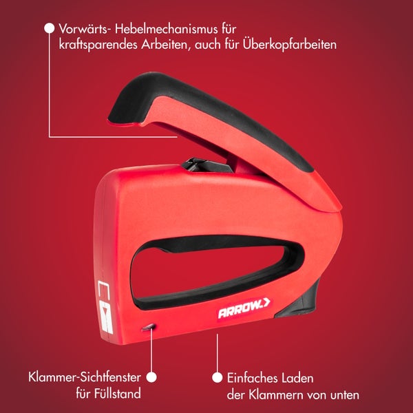 Arrow Handtacker mit Vorwärts-Hebelmechanismus, Sichtfenster für den Klammerfüllstand und einfacher Befüllung von unten.