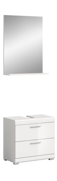 Weißes Badezimmermöbel Set bestehend aus einem Waschbeckenunterschrank mit zwei Schubladen und einem Wandspiegel mit Ablagefläche.