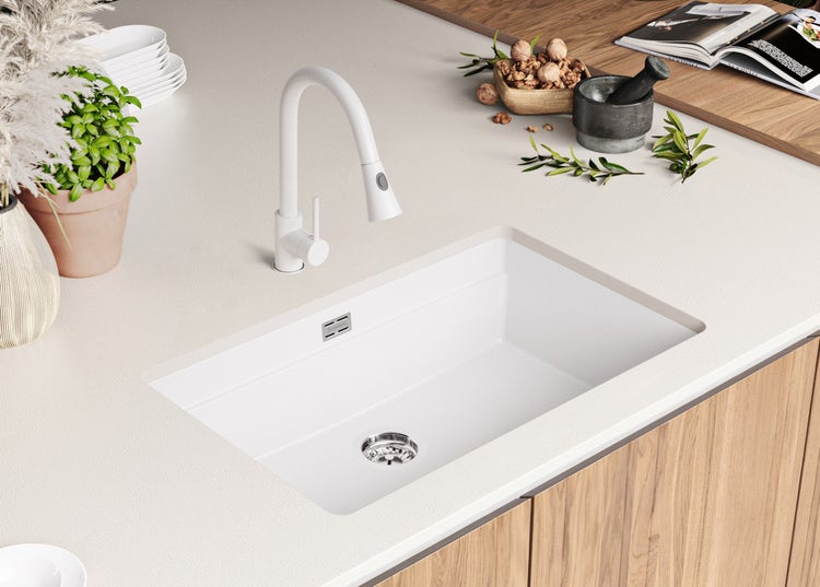 PRIMAGRAN Unterbauspüle Granit Weiß 76x47cm, Spülbecken 1 Becken + Ablauf-Set + Aufrollbare Abtropffläche, Granitspüle ab 80er Unterschrank - Praga