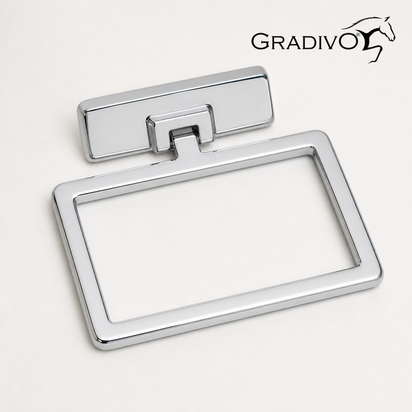 Gradivo Handtuchring aus verchromtem Metall in rechteckiger Form mit Wandhalterung. Gradivo Logo.