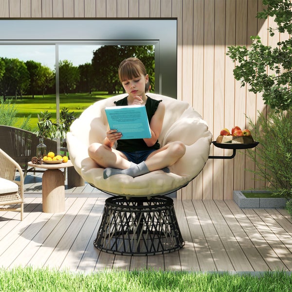 Outsunny Papasansessel Rattan 360° drehbar Korbsessel mit Kissen Durchmesser 90 cm runder Outdoor Rattansessel Drehsessel Loungesessel Liegesessel für Wohnzimmer Garten Balkon Beige