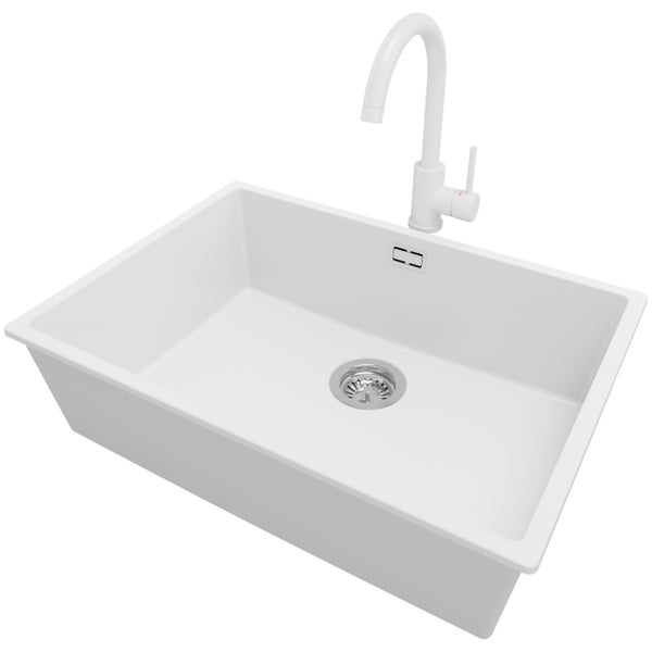 PRIMAGRAN Granitspüle Weiß 66x47cm, Spülbecken 1 Becken + Küchenarmatur 32x20cm + Ablauf-Set, Küchenspüle ab 70er Unterschrank - London Slim