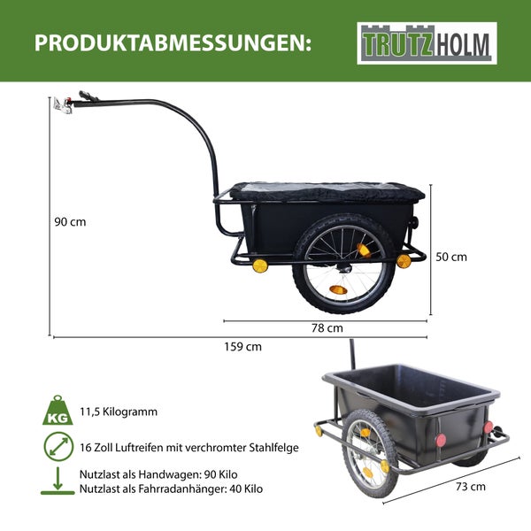 Fahrradanhänger mit Kupplung 90L Plane Handwagen Transportanhänger Lastenanhänger