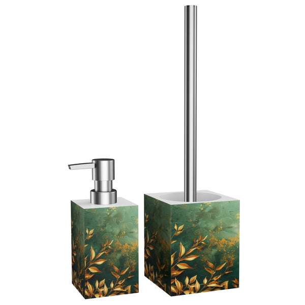 Set bestehend aus Seifenspender und WC Bürstengarnitur mit quadratischem Design und Blättermuster in grüner und goldener Optik.