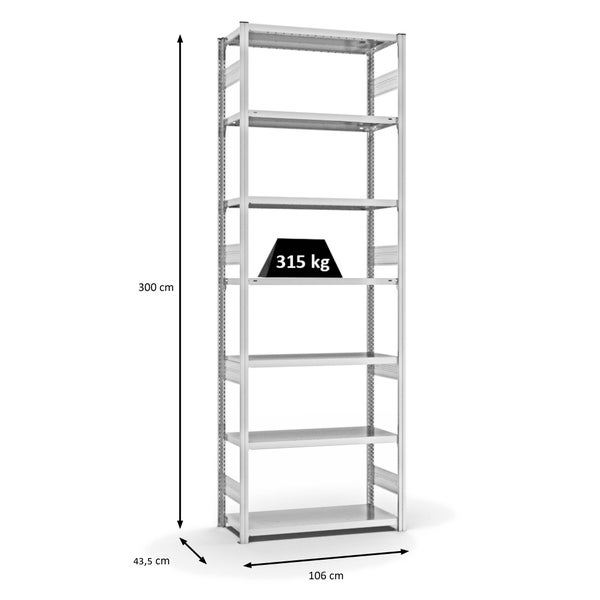 PROREGAL Fachbodenregal Stecksystem T-Profil Heavy-Duty Grundregal HxBxT 300 x 100 x 40 cm 7 Ebenen Fachlast 315 kg Beidseitig Nutzbar Lichtgrau