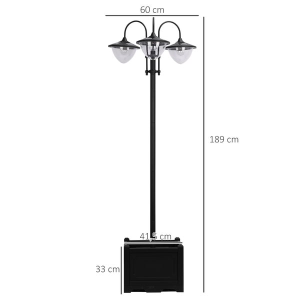 Outsunny Solarleuchte, Gartenlicht 3-köpfige Lampe mit Blumentopf-Basis, 60 x 55 x 189 cm, Edelstahl, Schwarz