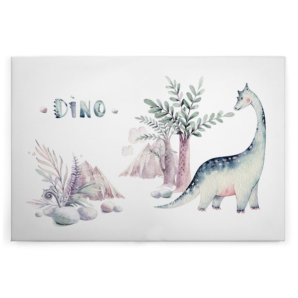 Wandbild mit Dino Motiv für Kinderzimmer mit Dinosaurier, Bäumen und Bergen im Aquarell Stil