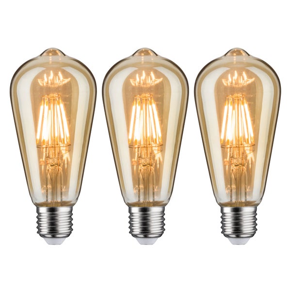 Produktverpackung einer LED Filament Lampe mit technischen Angaben, Abmessungen und Entsorgungshinweisen.