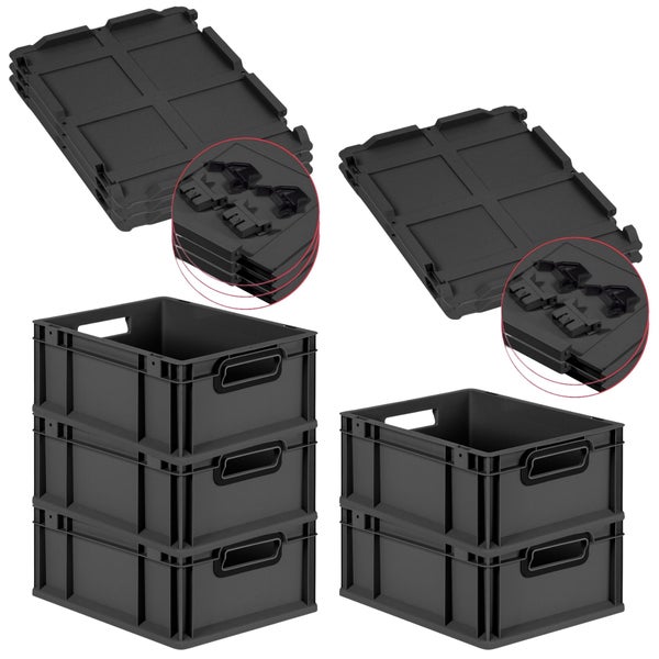 PROREGAL SuperSparSet 5x Eurobox NextGen Color mit Scharnierdeckel und Schiebeschnappverschlüssen, HxBxT 17x30x40cm, 16 Liter, Schwarz, Griffe schwarz offen, Eurobehälter, Transportbox, Transportbehälter, Stapelbehälter