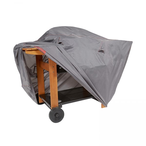 Graue Abdeckhaube für Grillwagen aus Holz mit Rädern.