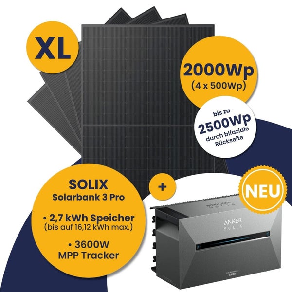 Anker SOLIX Solarbank 3 Pro Set mit vier bifazialen Solarmodulen, 2,7 Kilowattstunden Speicher, 2000 Watt-Peak und 3600 Watt MPP Tracker.