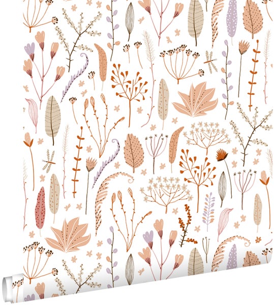 ESTAhome Tapete Feldblumen Terrakotta, Lila, Beige und Weiß - 50 x 900 cm - 131162