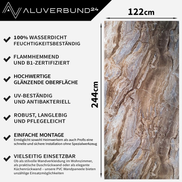 Aluverbund24 Wandpaneel, 122 mal 244 Zentimeter, mit Eigenschaften wie wasserdicht, feuchtigkeitsbeständig, schwer entflammbar, B1-zertifiziert, UV-beständig, antibakteriell, robust und pflegeleicht
