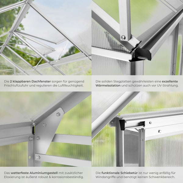 Detailansicht eines Gewächshauses mit Dachfenstern, Stegplatten, Aluminiumrahmen und Schiebetür.