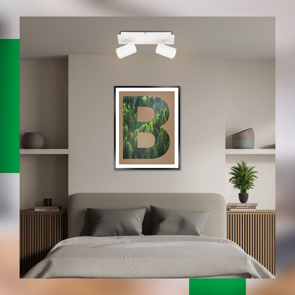 Schlafzimmer mit Doppelbett, Nachttischen, Wandregalen, gerahmtem Bild und Deckenleuchte