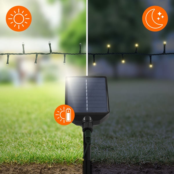 Solarbetriebene Lichterkette im Tages- und Nachtbetrieb