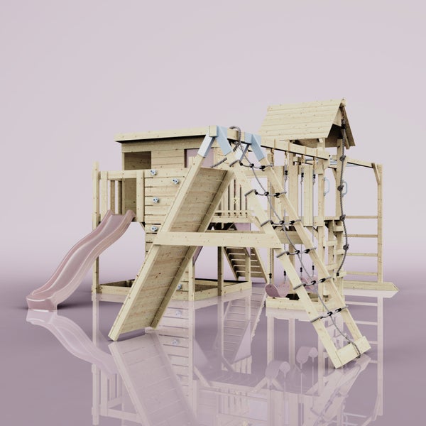 Holzspielhaus mit Rutsche, Kletterwand und Schaukel