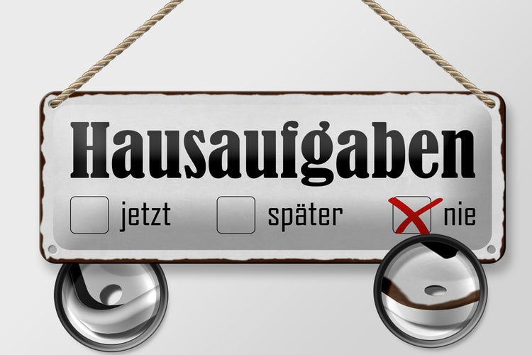 Blechschild Spruch 27x10cm Hausaufgaben jetzt später nie Dekoration