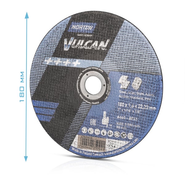 Norton Vulcan Trennscheibe für Stahl und Edelstahl, Durchmesser 180 Millimeter, Stärke 1,6 Millimeter, Bohrung 22,23 Millimeter.