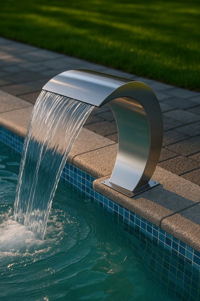 Moderner Pool-Wasserfall aus gebürstetem Edelstahl am Beckenrand mit fließendem Wasserstrahl.
