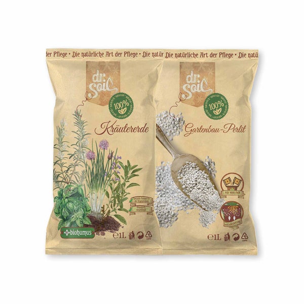 Dr.Soil Pflanzenpflegepaket für das Umpflanzen von Kräutern mit natürlichem Kräutersubstrat und Gartenbau-Perlit