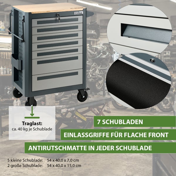 Trutzholm Werkstattwagen mit 7 Schubladen Einlassgriffen und Antirutschmatten inklusive Ablagefläche aus Holz und Maßen für Werkzeugaufbewahrung