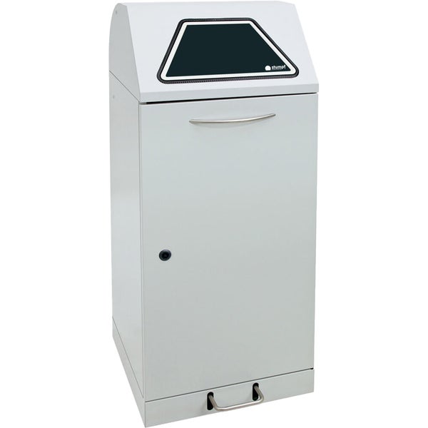 Wertstoffsammler aus Metall mit schrägem Deckel, trapezförmiger Einwurföffnung, Fronttür mit Griff und Stumpf Logo.