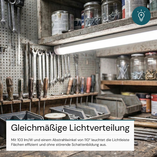 Helle LED Lichtleiste unter einem Regal in einer Werkstatt für gleichmäßige Ausleuchtung von Werkzeugen mit einem Abstrahlwinkel von 110 Grad.