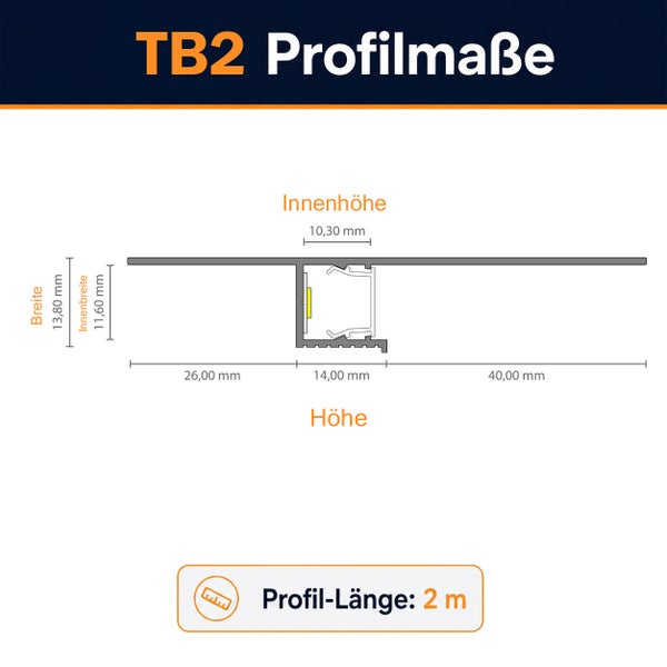 Technische Zeichnung mit Maßangaben für das TB2 LED Profil mit einer Profillänge von 2 Metern.