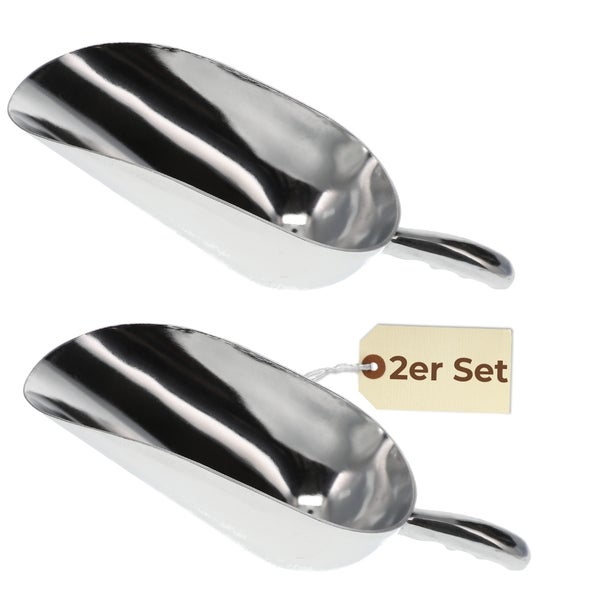 Zwei silberfarbene Futterschaufeln als Set