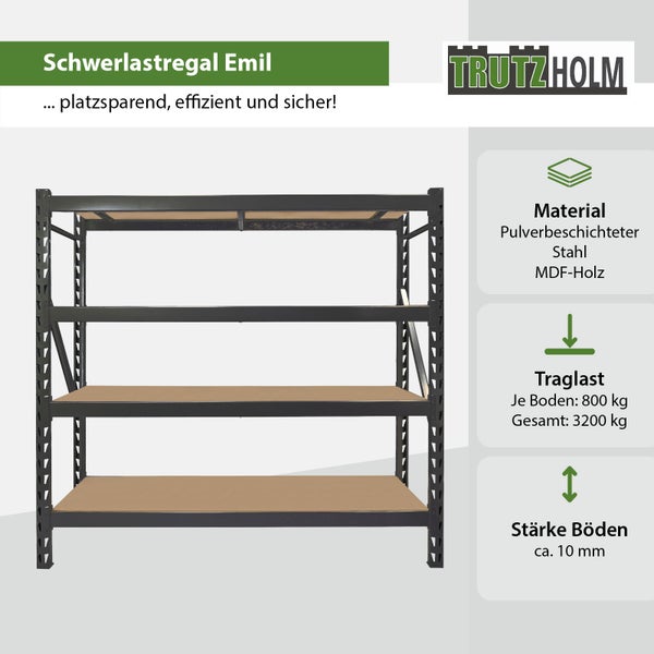 Schwerlastregal Emil aus pulverbeschichtetem Stahl mit MDF-Holzböden. Traglast pro Boden 800 kg, gesamt 3200 kg. Böden circa 10 mm stark.