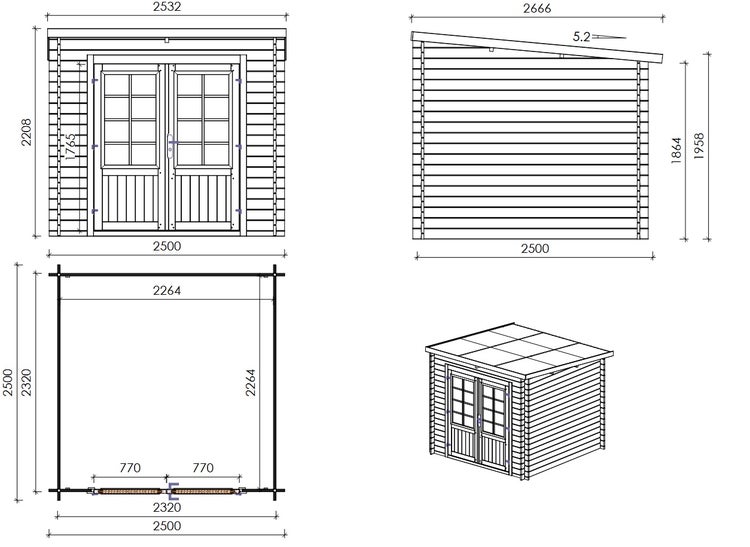 Gartenhaus, Gerätehaus 6,25m2 - 2,50x2,50m - 28mm - Imprägniert
