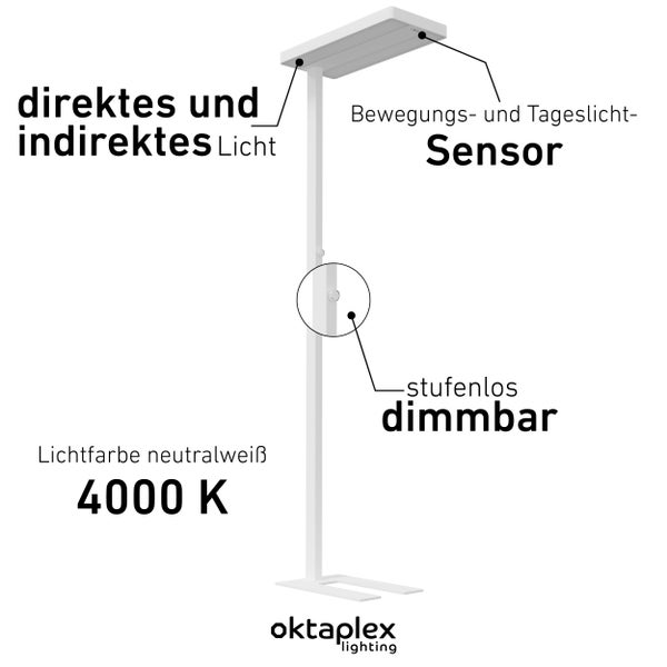 LYSE Stehleuchte dimmbar neutralweiß 4000K 10400lm Aluminium Tageslicht Deckenfluter für Büro und Zuhause