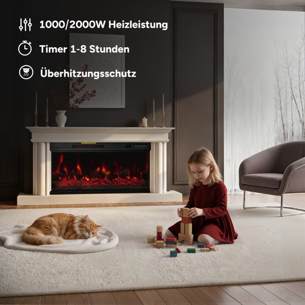 Wohnzimmer mit Elektrokamin, spielendem Kind und schlafender Katze